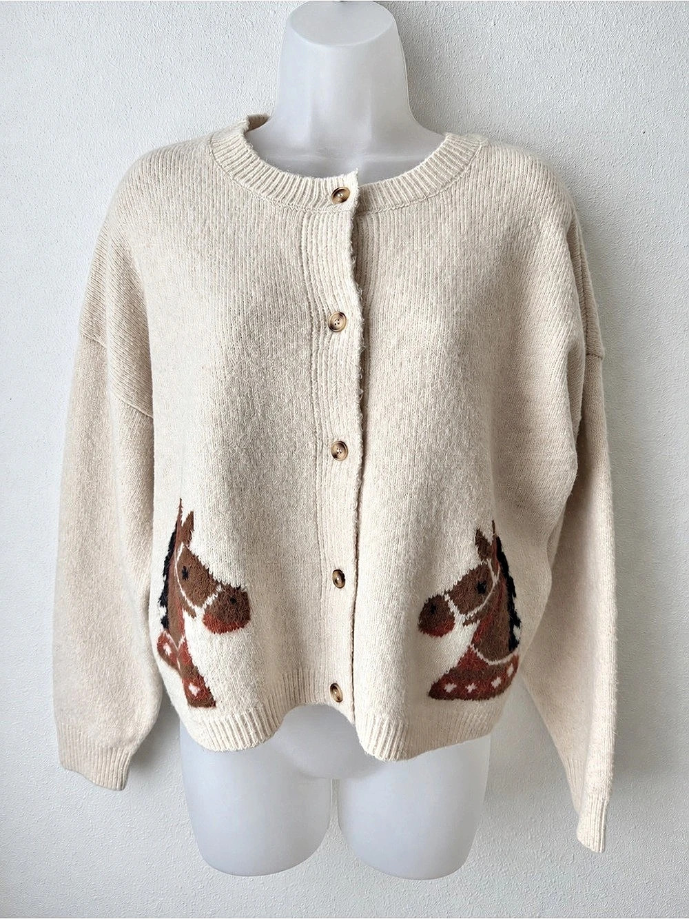Blu Pepper Horse Cardigan Large Cream Equestrian Novelty Knit